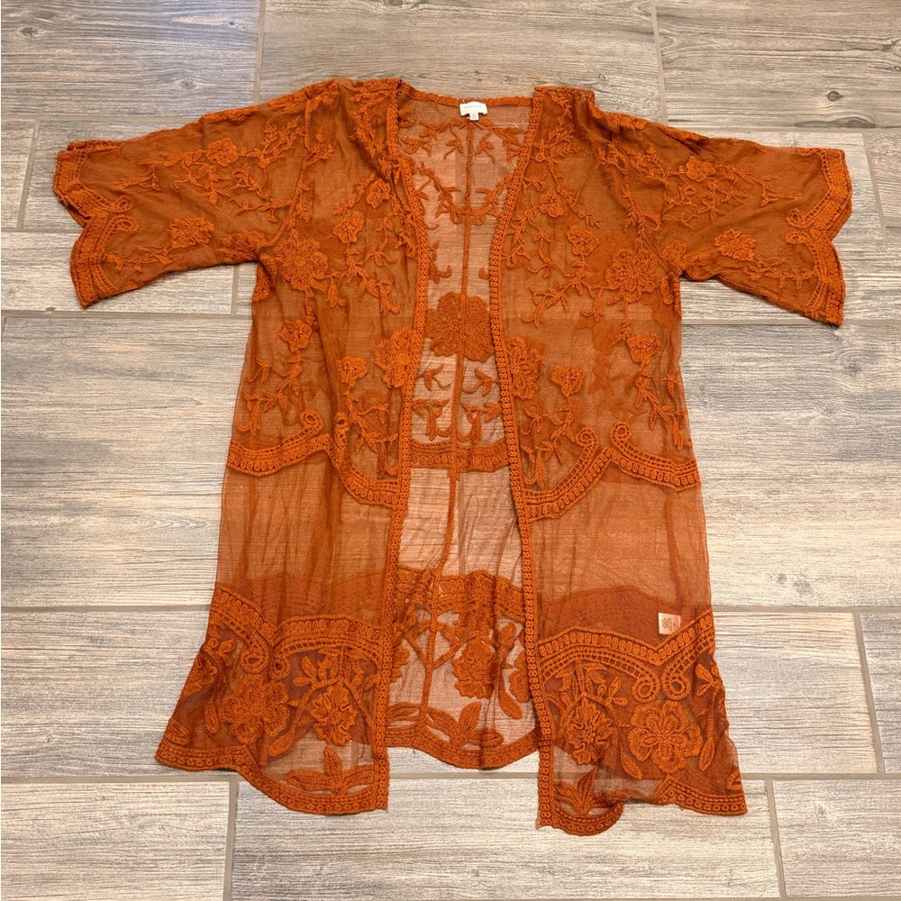 Dizzy Gal women's embroidered floral crochet lace sheer kimono duster